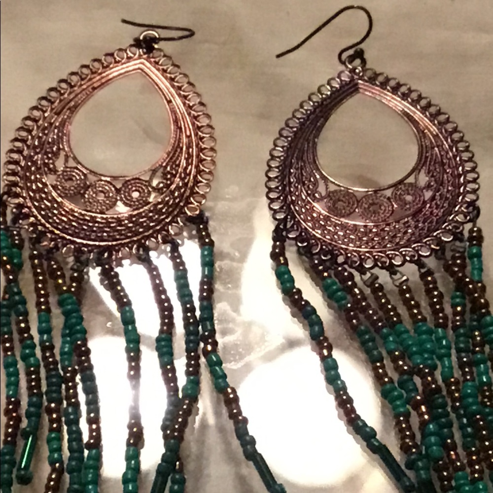 Copper long dangling earrings with green and copper beads
